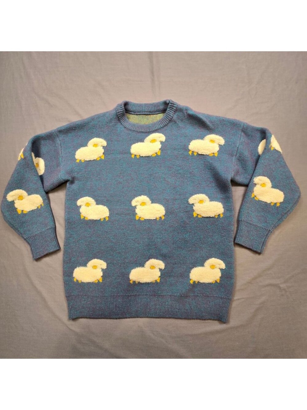 Blue Sheep Patterned Knit Sweater Wool Blend Adult Medium Cozy Crewneck Pullover